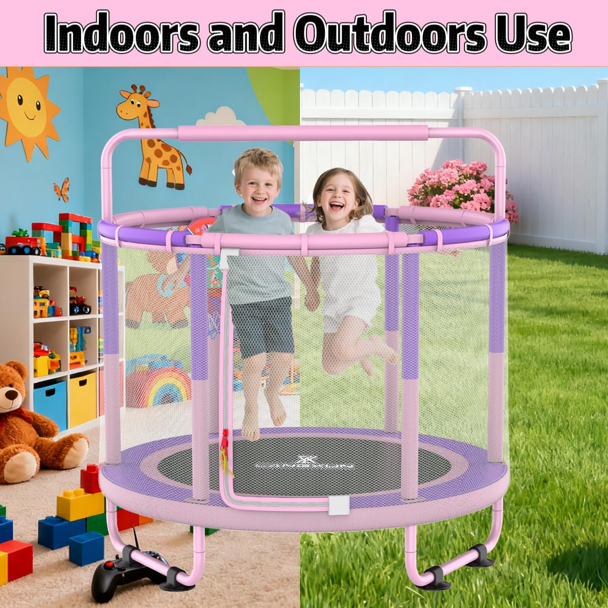 LANGXUN 60" Trampoline for Kids, 5ft Toddler Mini 6-in-1 Trampoline Indoor Outdoor with Swing, Basketball Hoop, Dart Board, Rings, Christmas Toys Birthday Gifts for Girls Boys