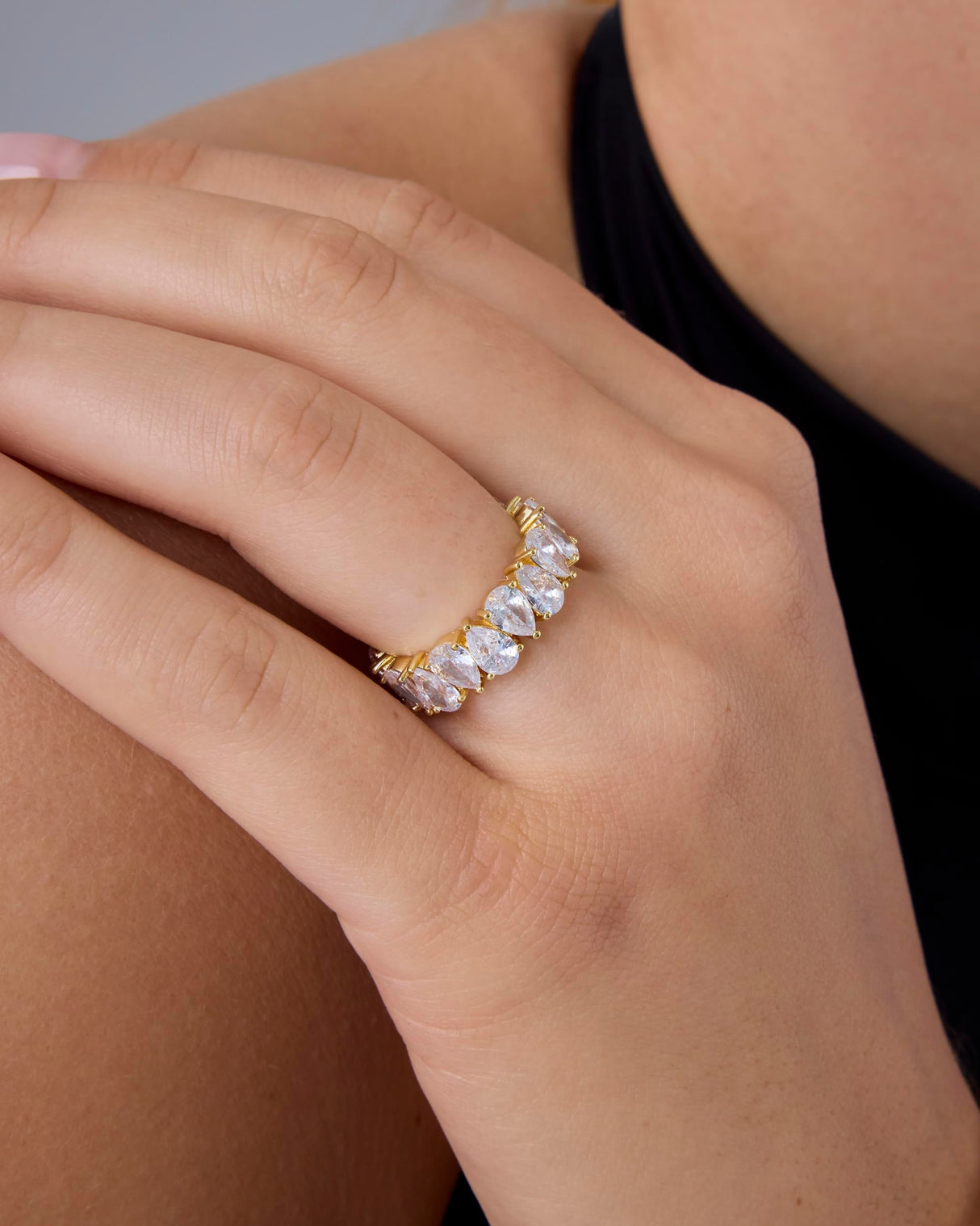 PAVOI 14K Yellow Gold Plated Pear Love Eternity Rings for Women | Gold Cubic Zirconia Ring | Bridal Eternity Wedding Band Ring | Size 5