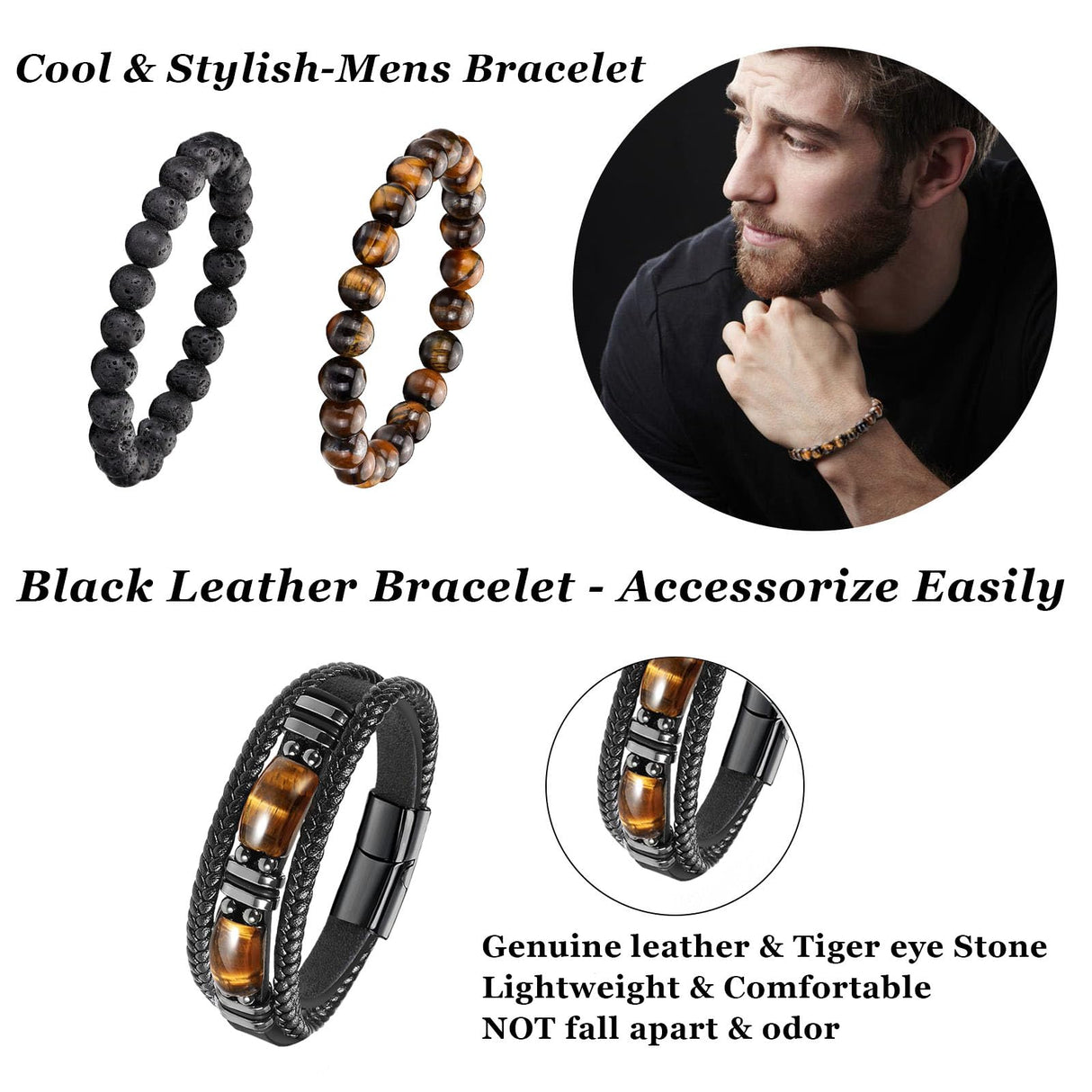 LOWNOUR Mens Bracelet Set Black Leather Bracelets for Men Tiger Eye Bracelet 8mm Lava Rock Beaded Bracelets Adjustable Stretch