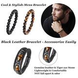 LOWNOUR Mens Bracelet Set Black Leather Bracelets for Men Tiger Eye Bracelet 8mm Lava Rock Beaded Bracelets Adjustable Stretch