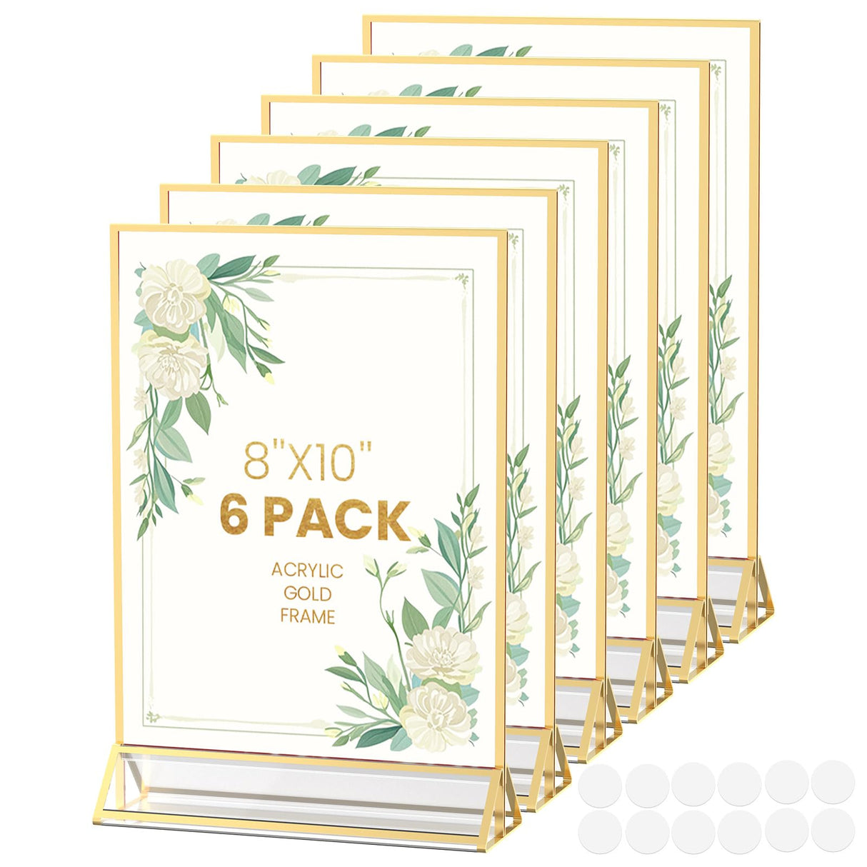 YOAEAILY Gold Frames 8X10 Acrylic Sign Holder Double-Sided Picture Frames for Menu, Wedding Table Number, Christmas Photos With Removable Round Stickers - 6 Pack