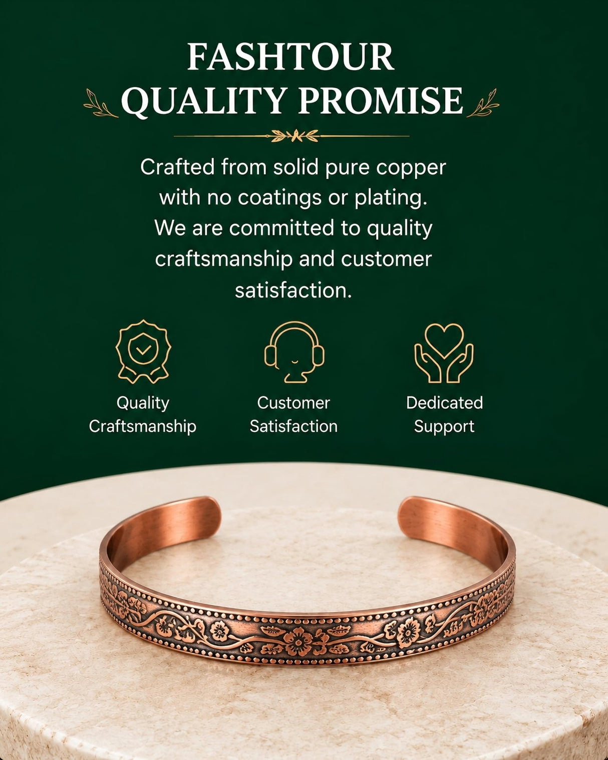 Fashtour Pure Copper Bracelet – Copper Bracelet for Men & Women – 100% Solid, Raw & Handmade Hammered Tibetan Cuff Bangle (Vintage Floral)