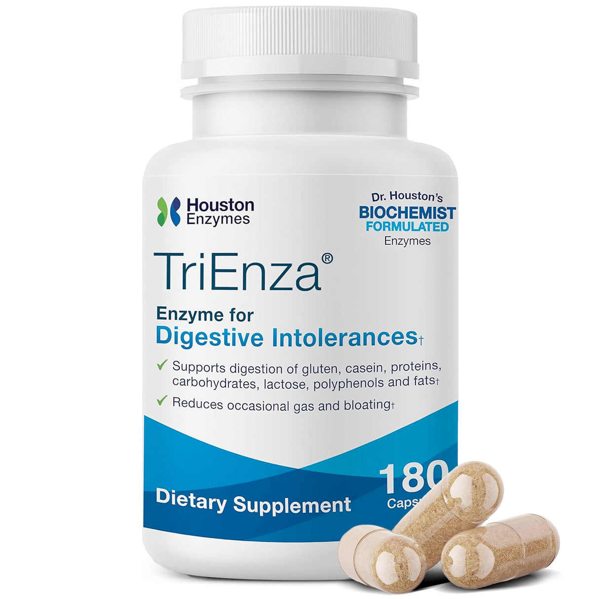 Houston Enzymes TriEnza Digestive Enzymes for Women & Men, Digestive Enzyme Supplements for Proteins, Carbs, Fats & Polyphenols Help Break Down Wheat, Dairy, Soy, 180 Capsules (90 Doses)