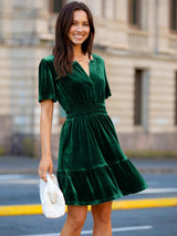 Simplee Christmas Velvet Green Dress Women Cocktail Classic Flare Short Sleeve Mini Dress V Neck A Line Ruffle Hem Tiered Bridesmaid Short Swing Dress with Pockets(Green M)