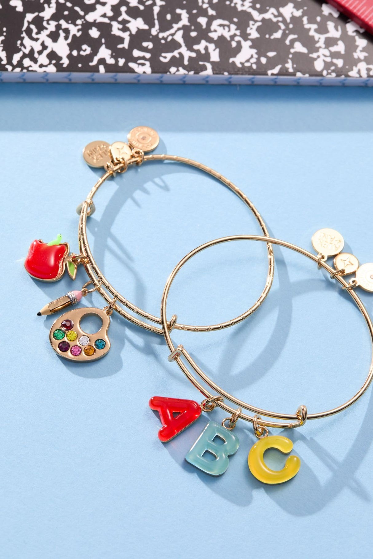 Alex and Ani Teacher’s Multi Charm Textured Bangle - School-Inspired Charms: Paint Palette, Pencil, Red Apple, Gold Finish, Cute Bracelets for Women, Easy Stack
