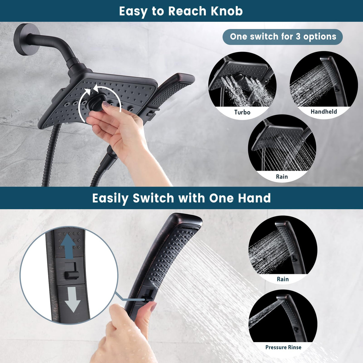 BRIGHT SHOWERS High Pressure Shower Head with Handheld, Oil Rubbed Bronze Dual Showerhead Combo with Rainfall Spray, Detachable Hand Held Shower, 60" Stainless Steel Hose