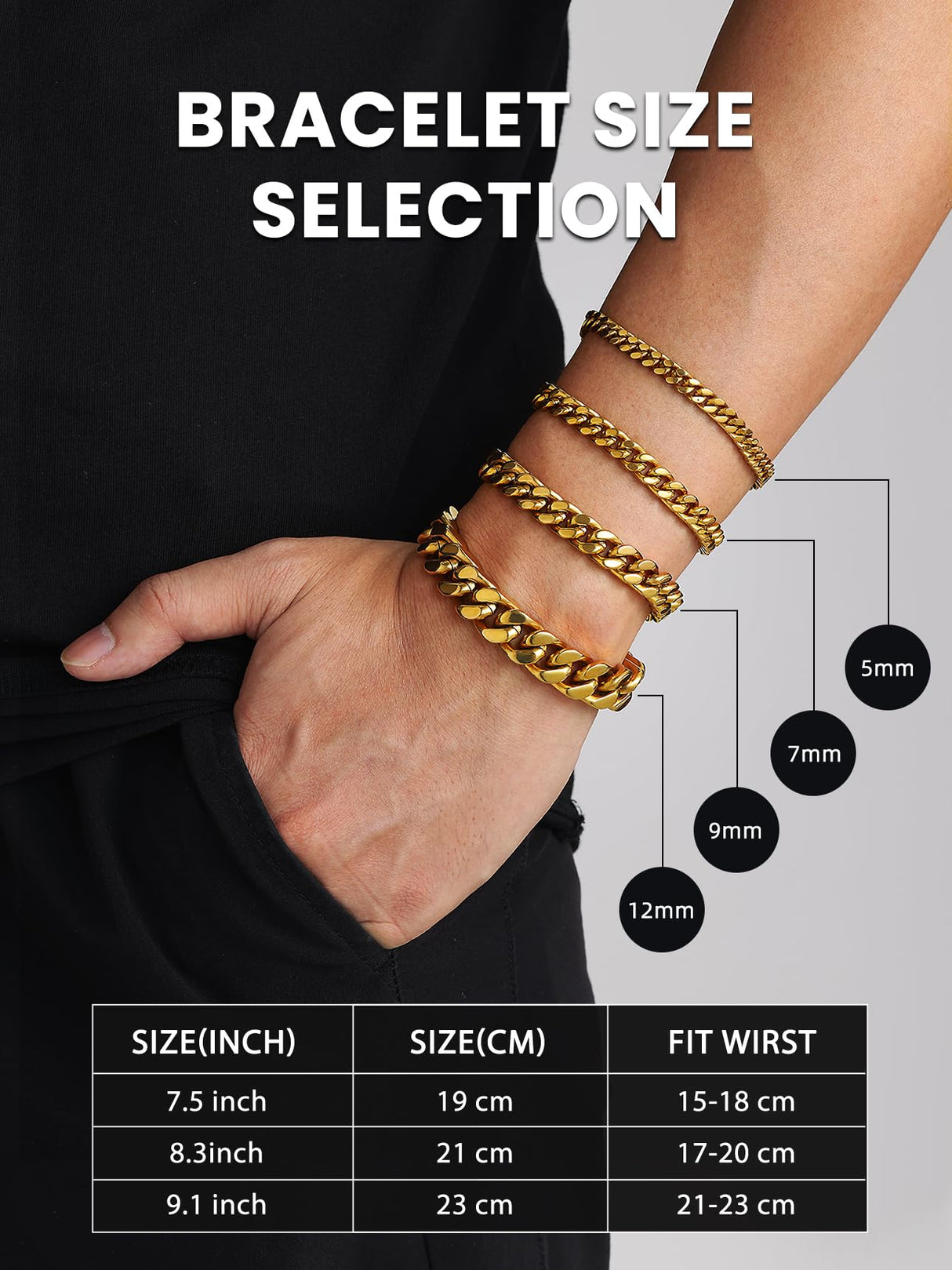 Bestyle 5mm 18K Gold Filled Miami Cuban Chains Bracelets Cool Causal Style Stainless Steel Curb Link Chain Bracelet for Men & Women, Daily Wear Gold Hand Chain 19cm/7.5Inch