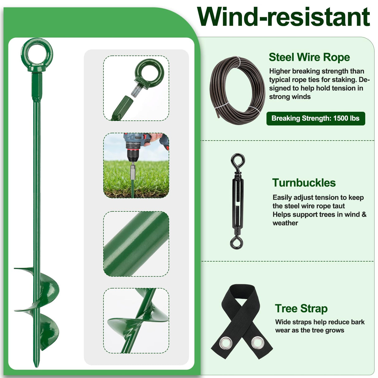 Fuuner Tree Stakes and Supports Kit, 3 Pack Spiral Tree Stakes with Straps & Turnbuckles, Tree Support Stakes for Leaning Trees and Young Trees