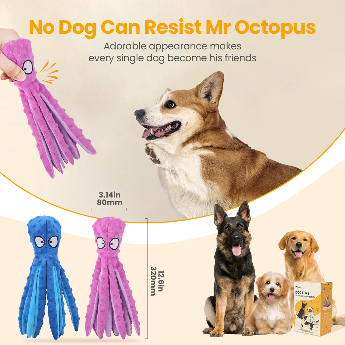 HGB Squeaky Dog Toys No Stuffing Octopus Crinkle for Large Medium Small Dog
