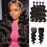 Human Hair Bundles with Closure Body Wave(22 24 26 28+20,Free Part) Brazilian Virgin Hair Extensions Pre Plucked with Baby Hair Wet and Wavy Body Water Curly with 4x4 Lace Closure Natural Color
