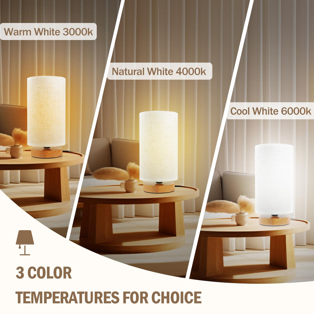 6.3in Bedside Table Lamp for Bedroom, Minimalist Nightstand Lamp with Round Fabric Linen Shade,Study Reading Desk Lamp for Kids Room, Night Table Lamp for Living Room, College Dorm, Home, Office