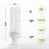 KOR (Pack of 4 26 Watt Triple Tube - GX24Q-3 (4 Pin) Base -3500K White - CFL Light Bulb - Philips 268243 PL-T 26W/35/4P/ALTO - GE 97616 F26TBX/835/A/ECO