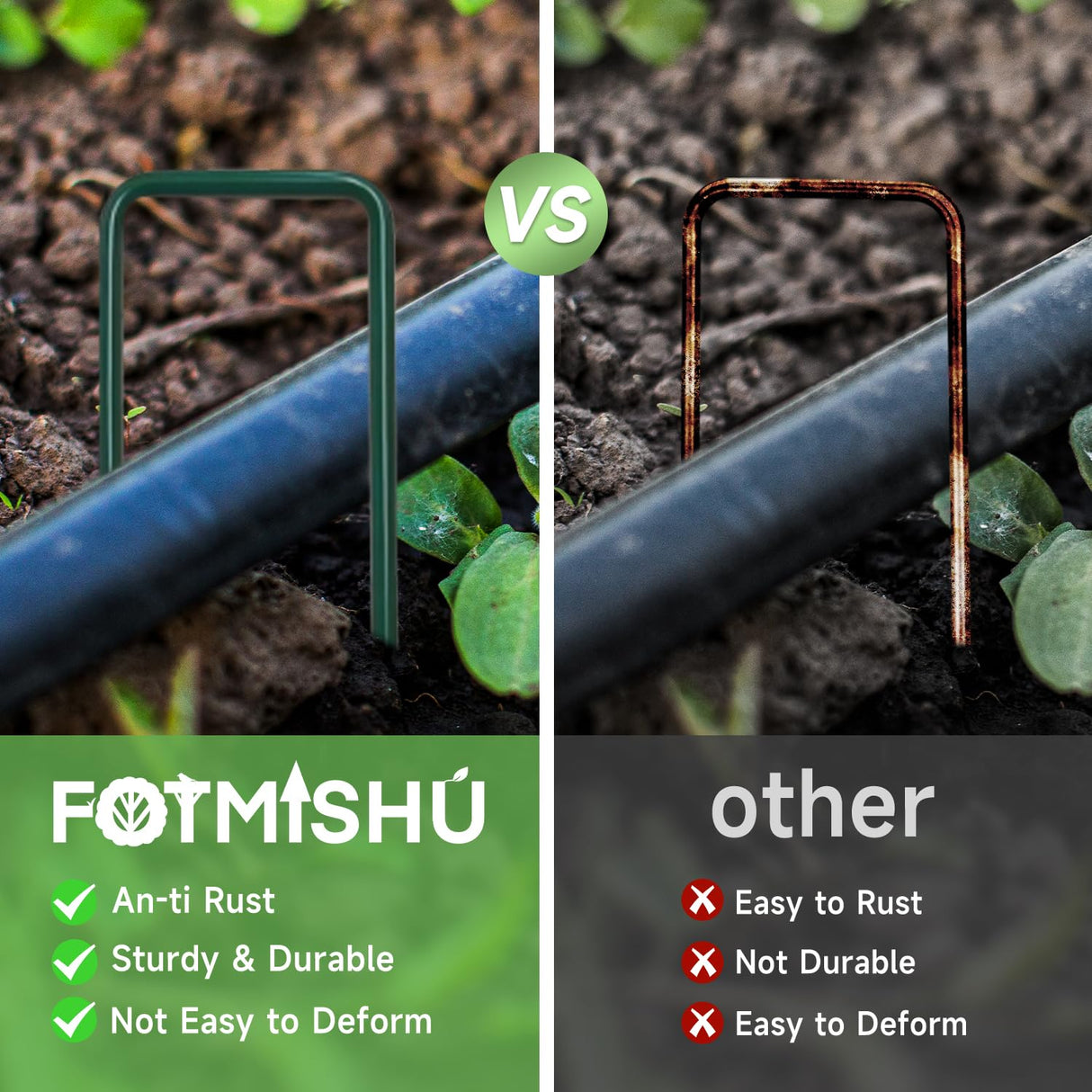FOTMISHU Landscape Staples 6Inch 50pcs Garden Stakes + 50pcs Gasket, Lawn Pins with Spray Coating Craft, 11Gauge Anti-Rust Ground Yard Spikes Anchoring for Outdoor Tents Irrigation Hoses (Green)