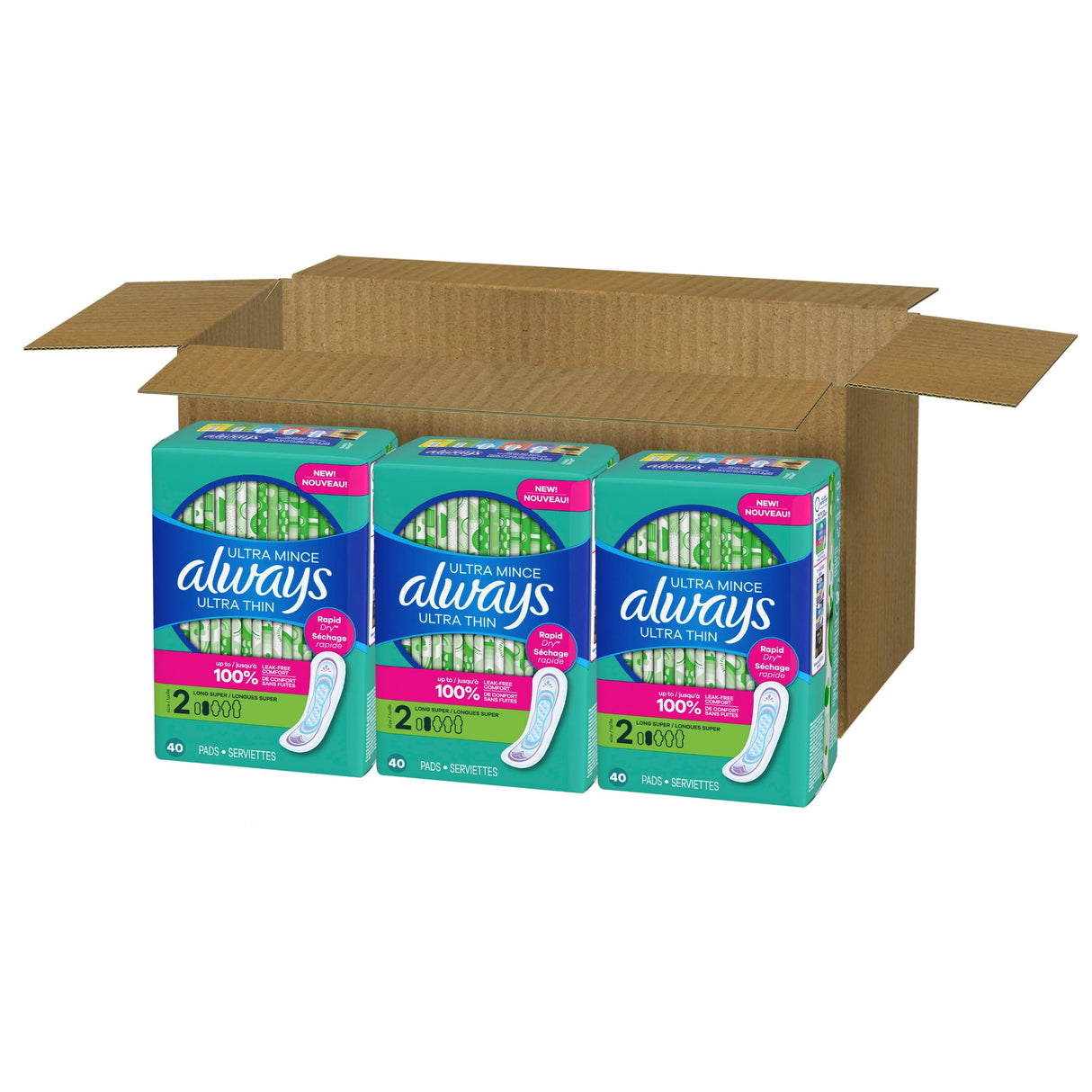 Always Ultra Thin Feminine Pads without Wings for Women, Size 2, Long Super Absorbency, Unscented, 40 Count x 3 Pack (120 Count total) (Packaging May Vary)