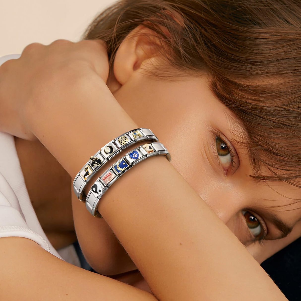 Double Fair Silver Italian Charm Bracelet with 20 Interchangeable Charms (Moon, Stars, Wings, Poker) + Opener, DIY Adjustable Stainless Steel Bracelet for Women & Men