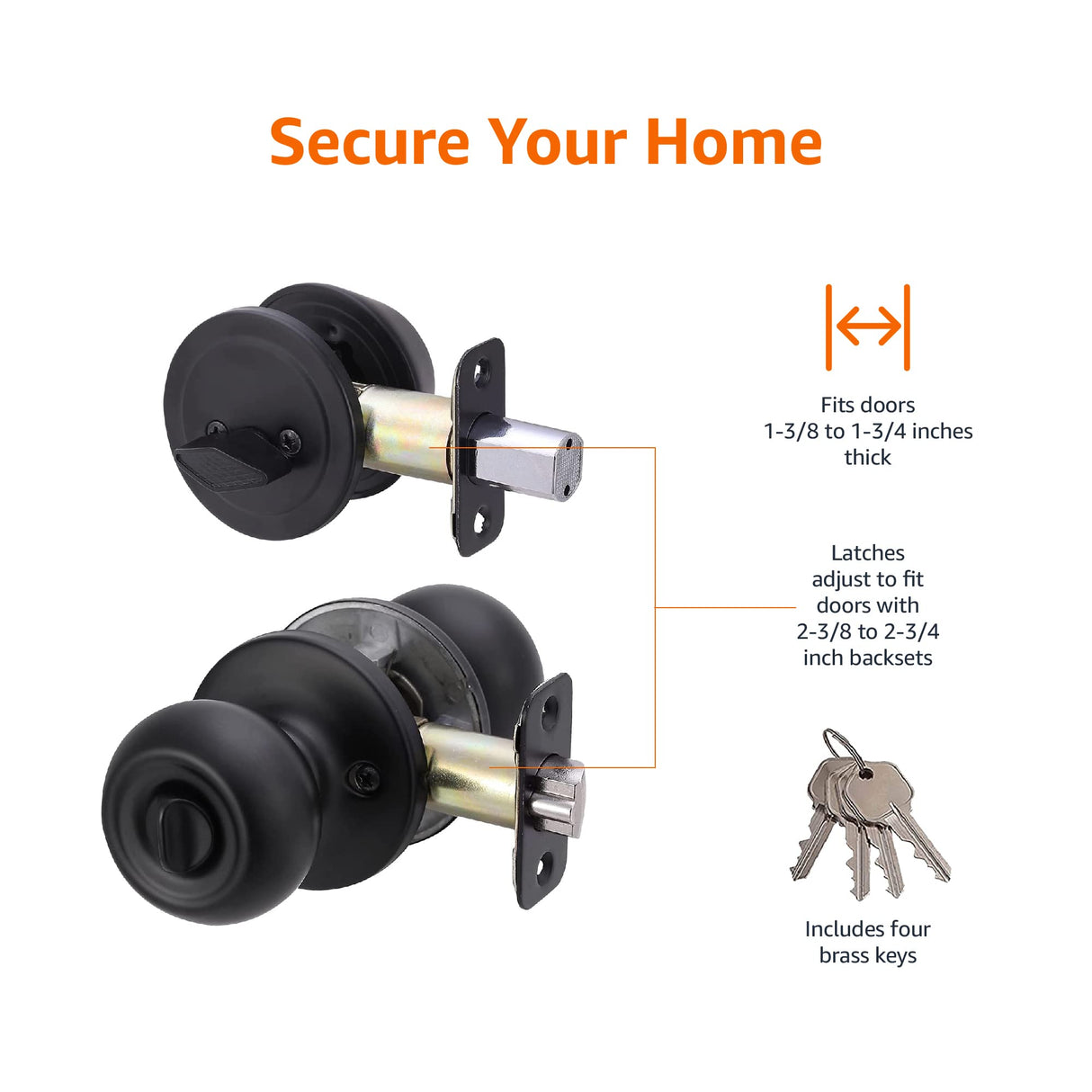 Amazon Basics Exterior Door Knob With Key Lock and Deadbolt, Keyed Alike, Coastal, Matte Black