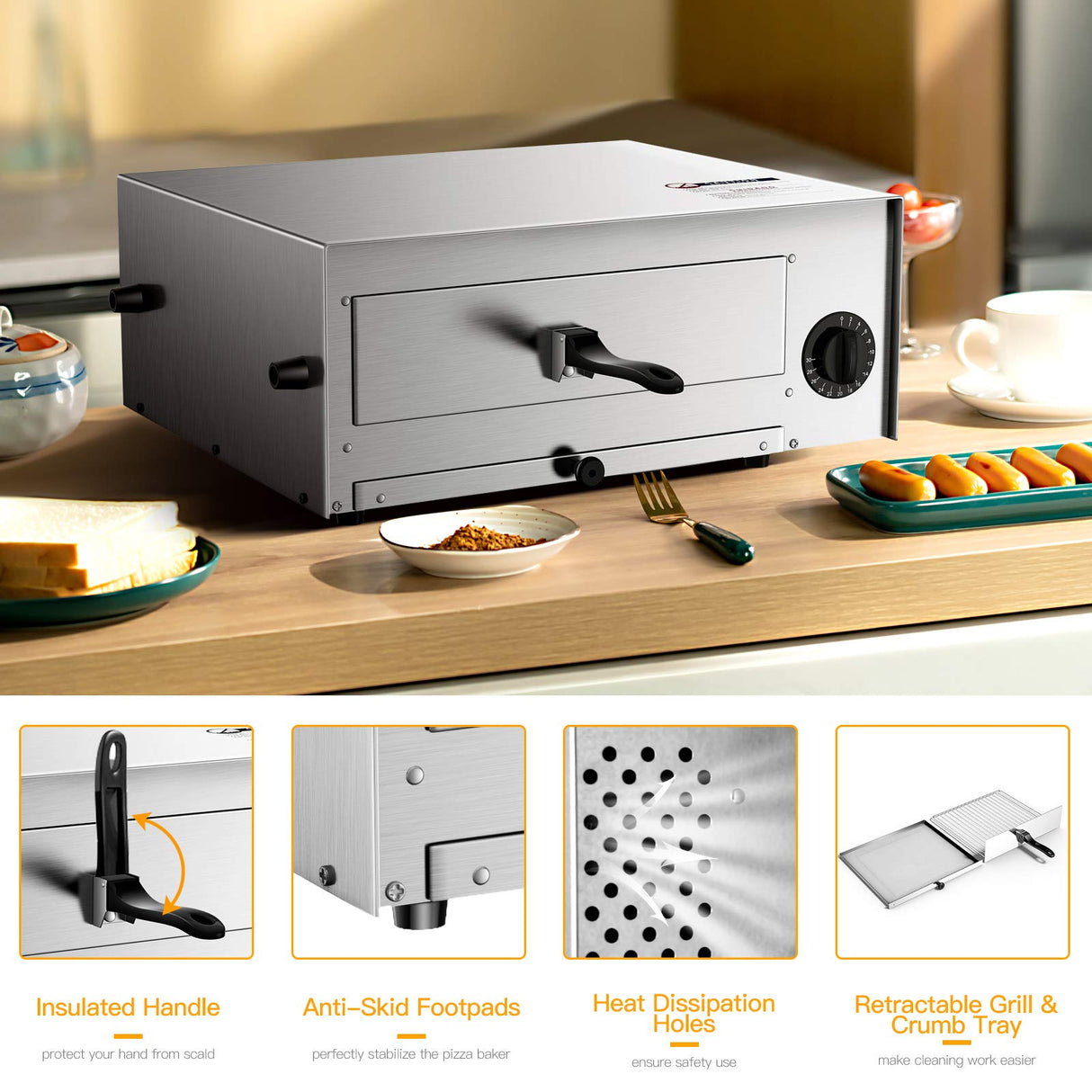 Electric Pizza Oven, Stainless Steel Pizza Baker With Auto Shut-off, Handle, Removable Pizza Tray, Countertop Pizza Maker For Kitchen & Commercial Use