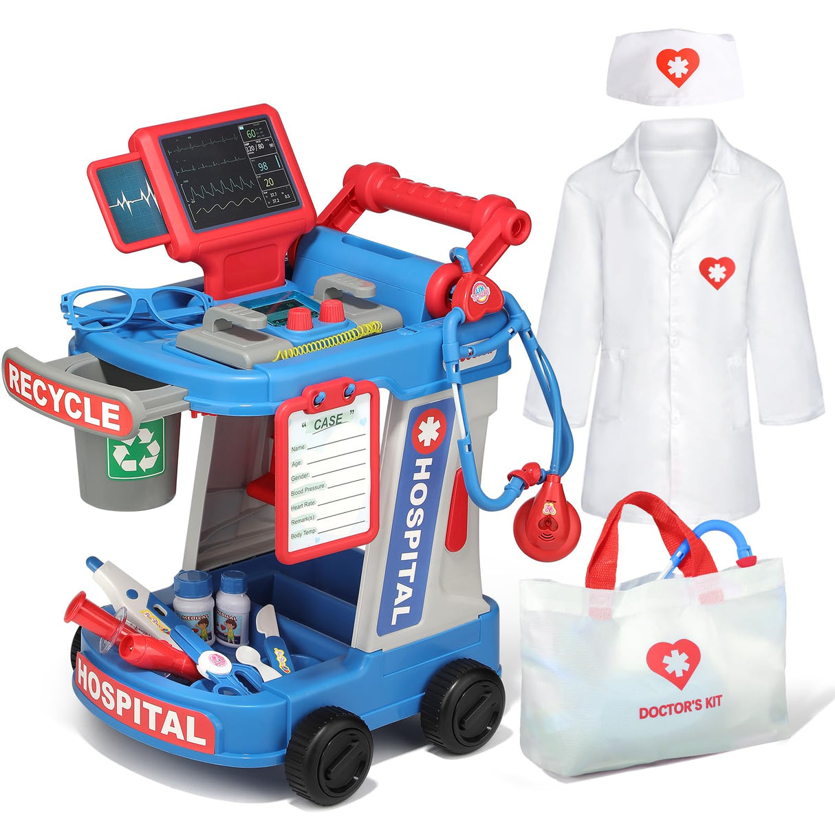 Phobby Doctor Kit for Toddlers 3 4 5, Kids Doctor Cart Play Set with Costume, Stethoscope and Medical Bag, Doctor Toy for Girls Boys Christmas Birthday Gift