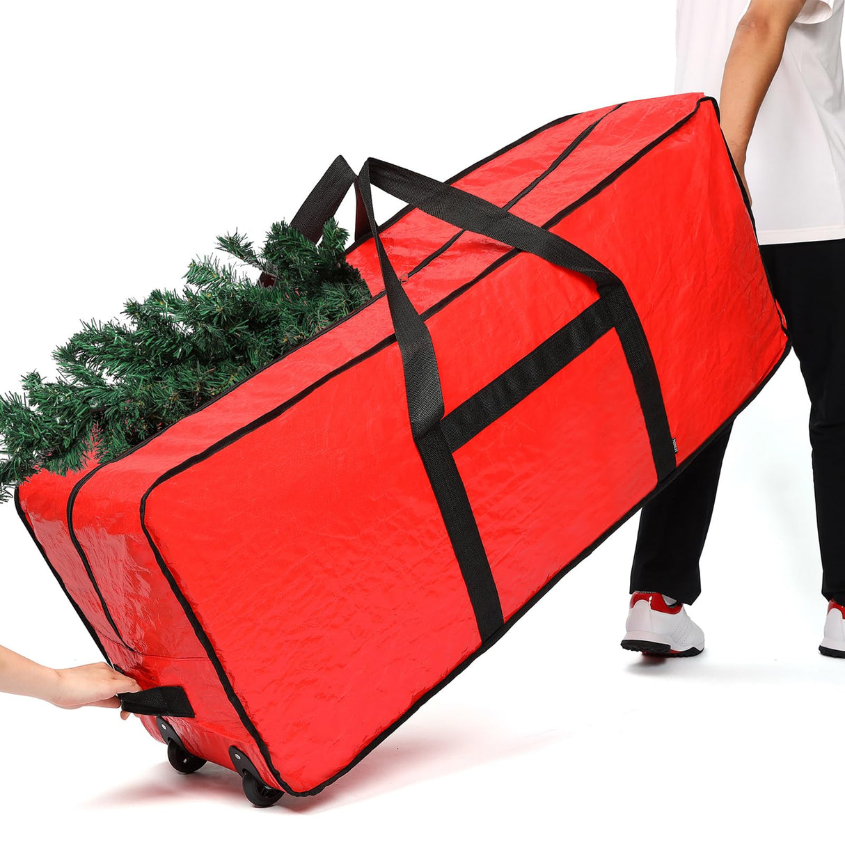 HOMEST Christmas Tree Storage Bag, Fits for 6/7.5 ft Xmas Artificials, Zippered Box with Reinforced Carrying Handles and Wheels, Red (Bag Only)