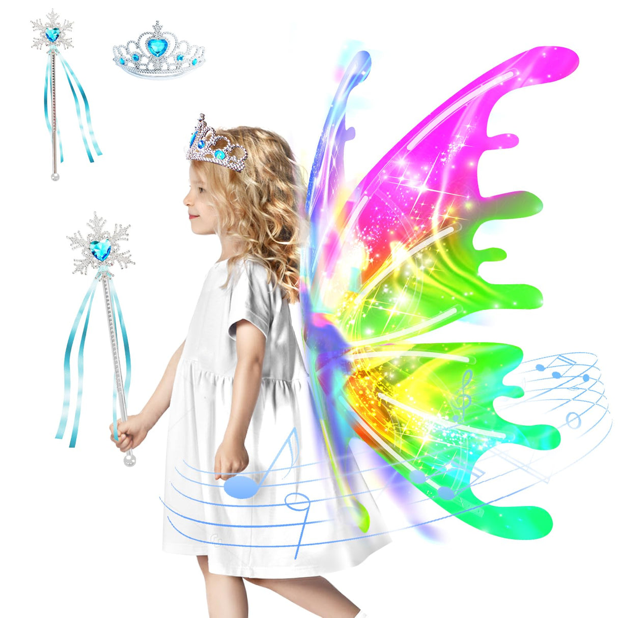 Electric Light Up Butterfly Wings Moving with Music - Princess Costume Crown Wand Dress Up, Princess Toys for Kids Ages 3-6 5-7 as Halloween Valentine Birthday Christmas Party Gifts