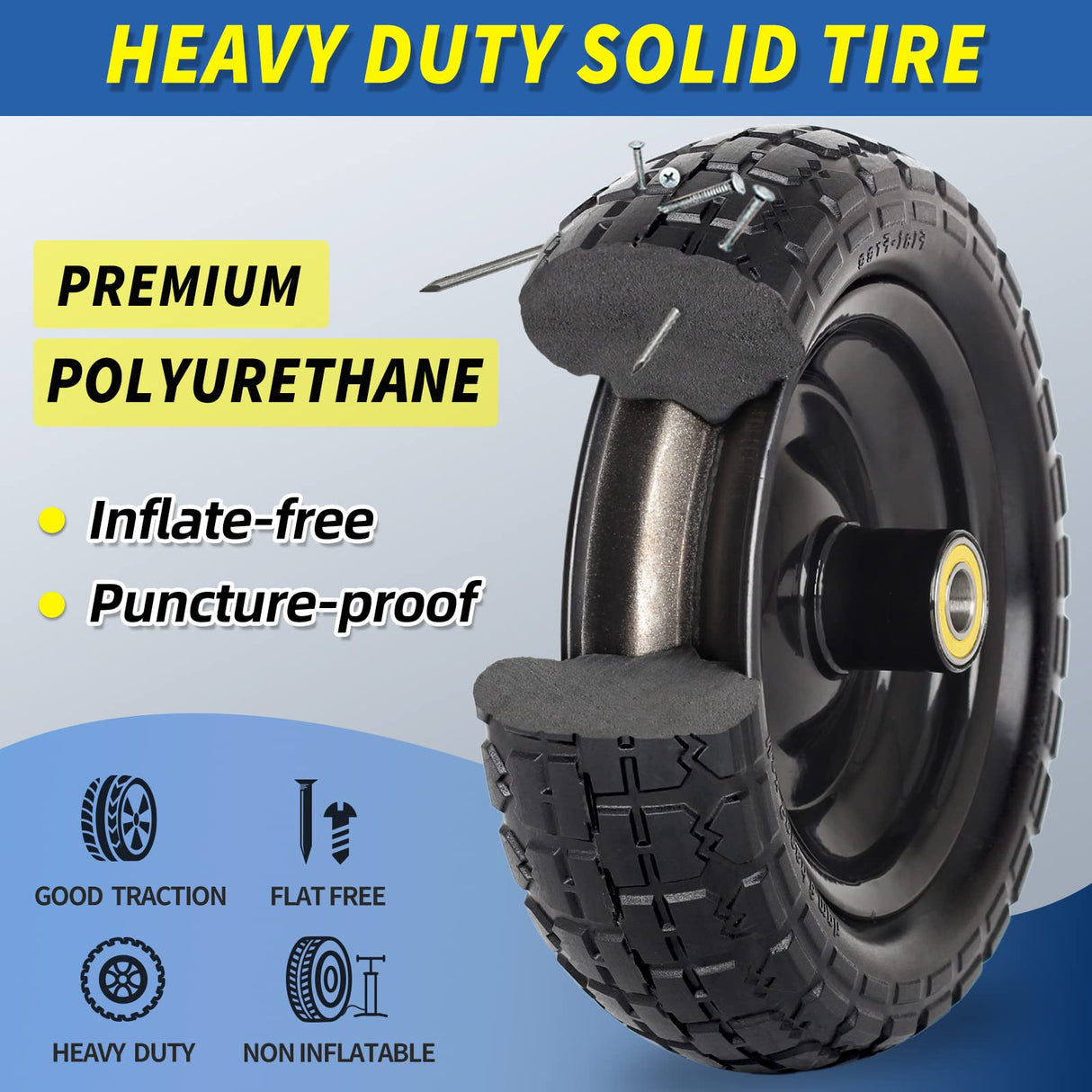GICOOL 10" Flat-Free Solid Tire and Wheel Replacement 4.10/3.50-4, with 5/8" Axle Bore Hole, 2.2" Offset Hub, Compatible with Hand Truck Tire Garden Wagon Trolley Dolly