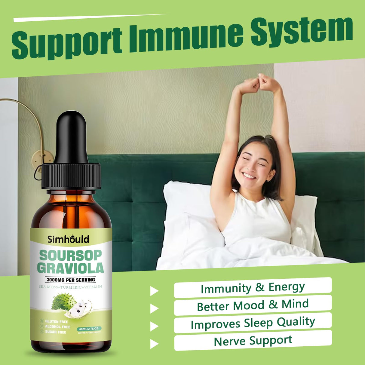 2 Packs 3000MG Soursop Bitters Liquid Drops for Cell Support & Regeneration, Immune, Gut, Antioxidant, Mood, Relax, Liver and Sleep Zzz - Soursop Graviola Sea Moss, Turmeric, Vitamin B6, C - 4 Fl Oz