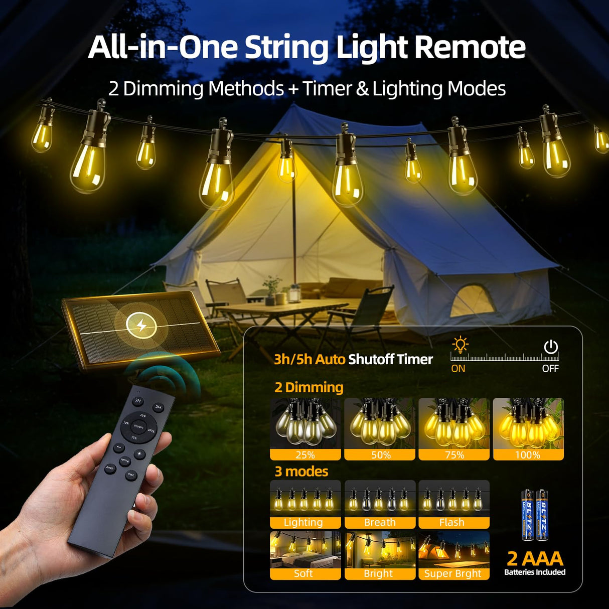 FUANXIEI Solar Lights Outdoor Patio Lights: S14 25M 82FT Solar Powered Remote Control 3 Light Modes Dimmable Solar Waterproof Light - Shatterproof Bulbs - Camping Backyard Garden Deck Outside Yard