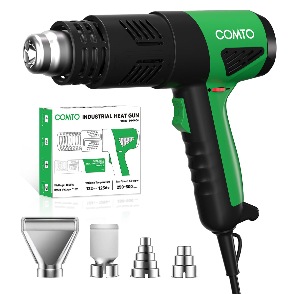 COMTO Heat Gun 1800W Fast Heating 122℉-1202℉ Heavy Duty Hot Air Gun Variable Temperature Control Overheat Protection 2 Speed Air Flow with 4 Nozzles for Crafts, Shrinking Tubing, Vinyl Wrap (SG-1004)