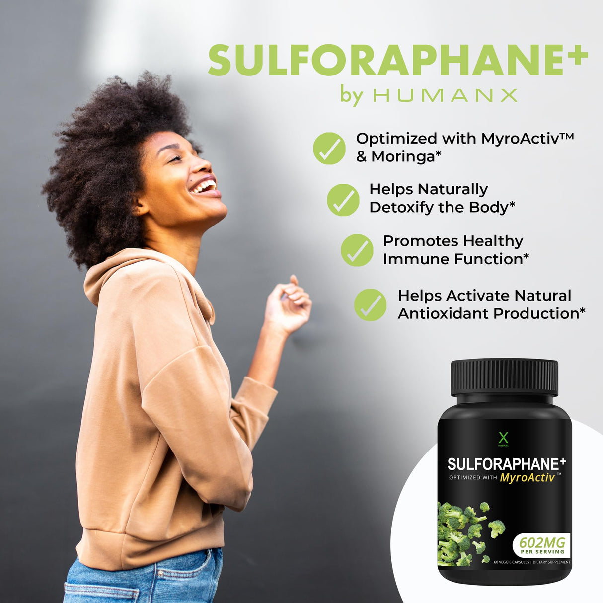 HUMANX Sulforaphane+ 602mg - USA Third Party Tested - Sulforaphane with Broccoli Seed Extract & Moringa - Supports Antioxidant Production, Detoxification, & Cellular Health - Broccoli Supplement