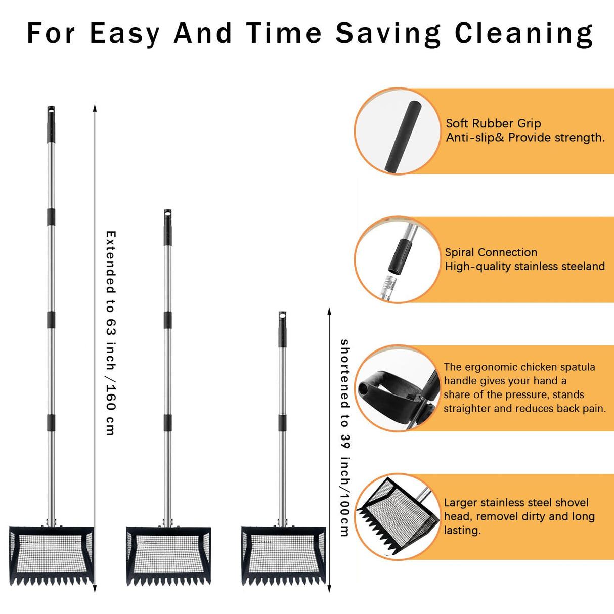 12" Metal Chicken Poop Scooper Rake for Sand with 24 to 68" Handle, Adjustable Chicken Poop Scooper for Poop,Wide 10”Poop Shovel Cleaning Tools, Heavy Duty Sifting Shovel (Black Max)