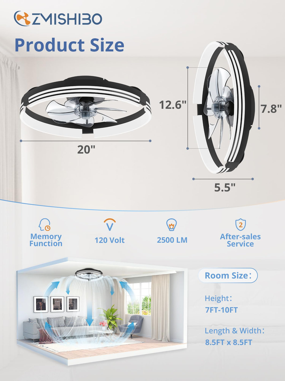 ZMISHIBO Low Profile Ceiling Fans with Lights and Remote, 20 Inch Flush Mount Ceiling Fan with Light, 3000K-6000K Dimmable Fandelier LED Fan Light, 6 Wind Speeds Black Ceiling Fans for Bedroom