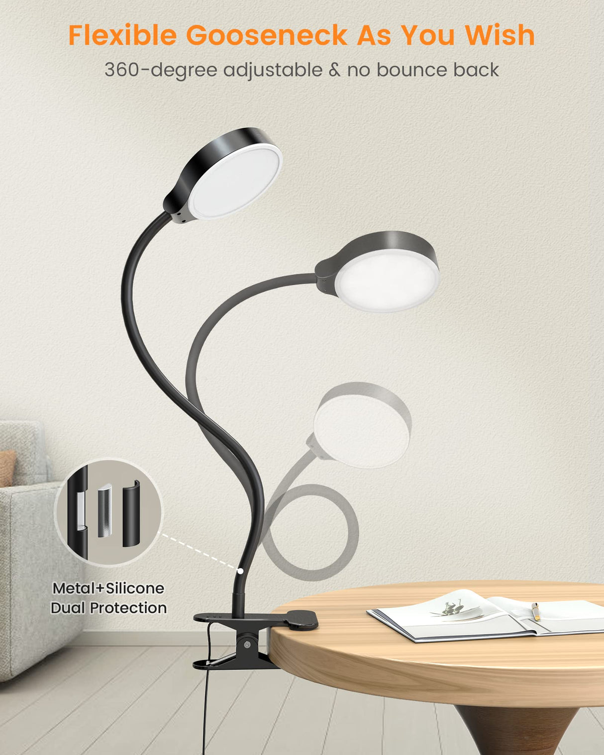 Glocusent 5W Clip on Light, 36LED Eye Caring Reading Light for Bed, 3 Colors & 5 Brightness Clip on Lamp with Adapter, Perfect Reading Light for Bed with Clamp/Bunk Bed/Headboard/Table/Desk