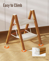 Mayi Plus 2-Step Aluminum Ladder,Lightweight Folding Step Stool with Extra-Wide Anti-Slip Steps,330 lbs Capacity,Compact Space-Saving Design for Home,Kitchen and Office（White&Woodgrain）