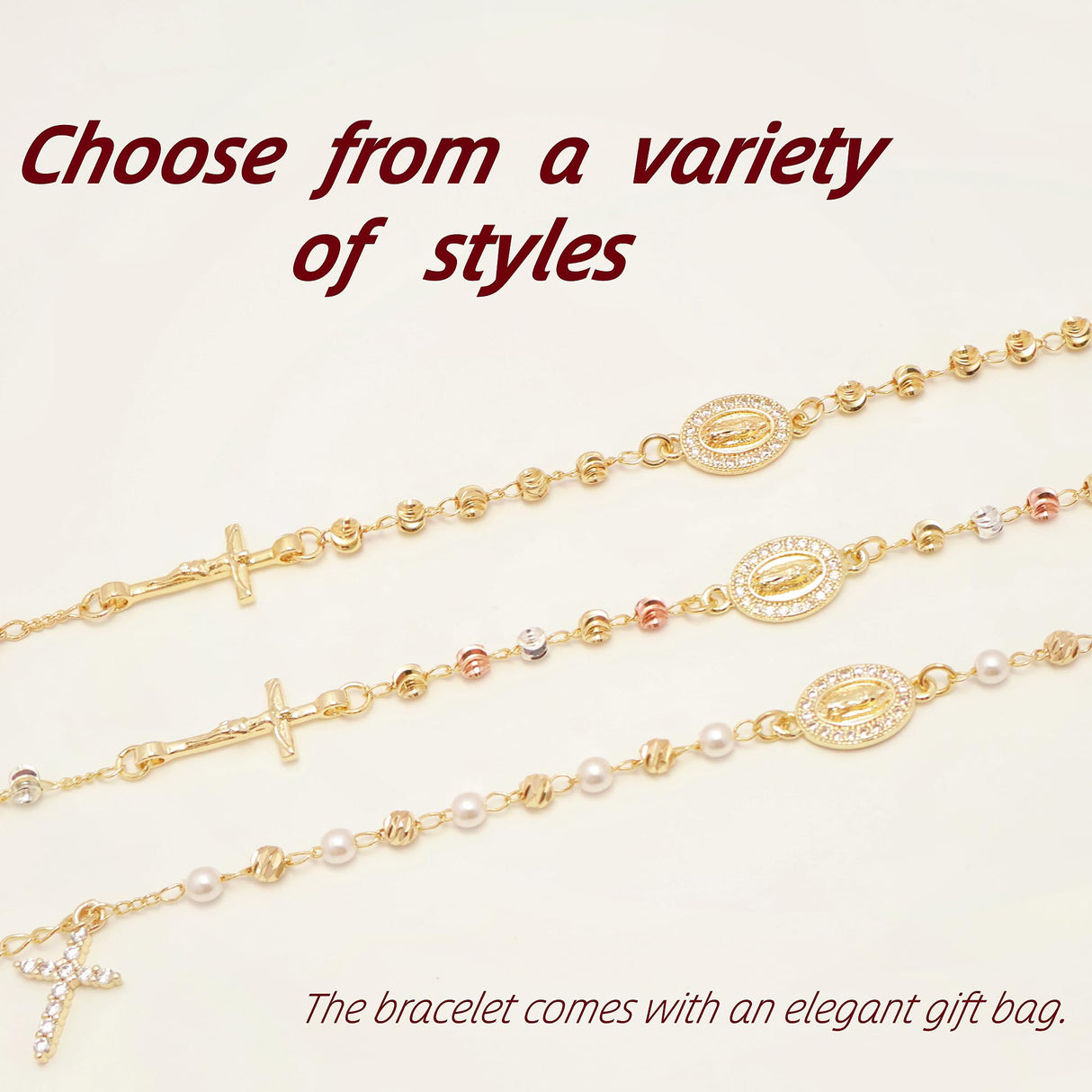 Women's Catholic Rosary Cross Bracelets - 14K Gold Plated Virgin Mary Rosarios Catolicos Crucifix Charm Bracelet for Women, Dainty Virgen de Guadalupe Religious Gift for Women Confirmation Baptism