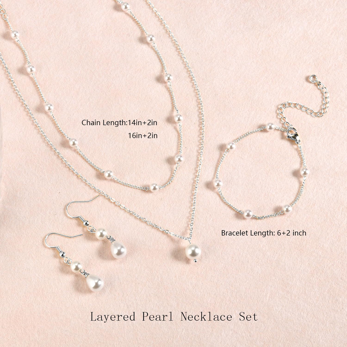 DIBOLA Silver Jewelry Set for Women Dainty Silver Layered Pearl Choker Necklaces and Earring Set Pearls Drop Earrings Pearl Bracelets Wedding Bride Jewelry