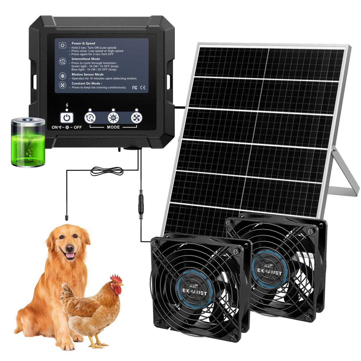 25W Smart Solar Fan for Chicken Coop, Solar Powered Fan for Dog Shed Garage