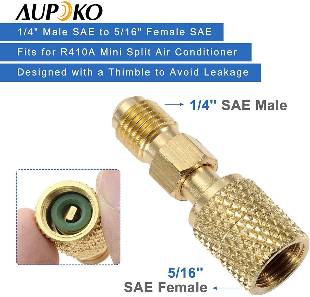 Aupoko R410A Charging Vacuum Port Adapter Kit, 2PC 45 Degree Angled and 90 Degree Charging Vacuum Adapters, 2PC R410A Straight Swivel Adapters, 5/16" Female to 1/4" Male Flare for Mini Split System