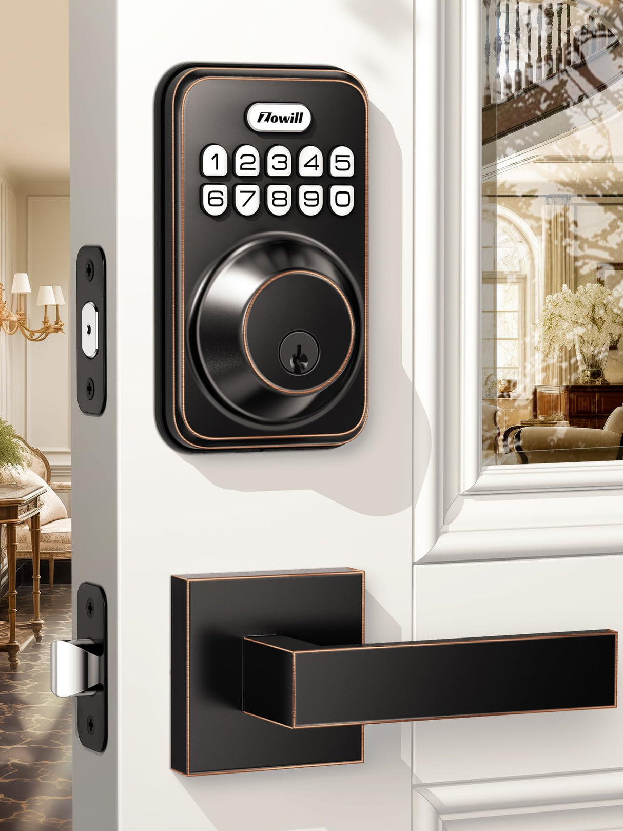 Zowill Keyless Entry Door Lock with 2 Lever Handles, Electronic Keypad Deadbolt, Auto-Locking, Anti-Peeping Password, Digital Code Door Lock, Front Door Handle Sets, OilRubbed Bronze