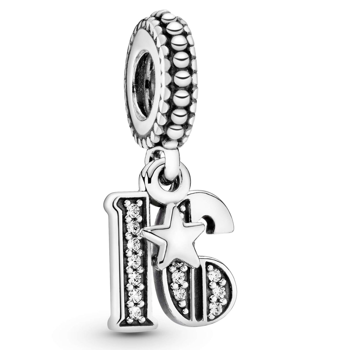 PANDORA 16th Celebration Dangle Charm - Bracelet Charm for PANDORA Moments Bracelets - Sterling Silver with Clear Cubic Zirconia - Gift for Her - Jewelry for Women with Gift Box