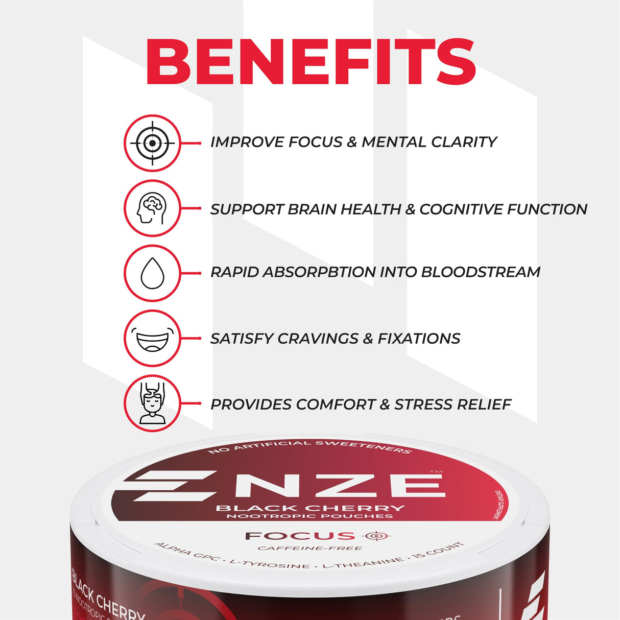 NZE Caffeine Free Nootropic Pouches (Black Cherry) - Nootropic Pouches with Alpha GPC, L-Tyrosine & L-Theanine - No Sugar or Artificial Sweeteners - 15 Pouches Per Can - 5 Pack
