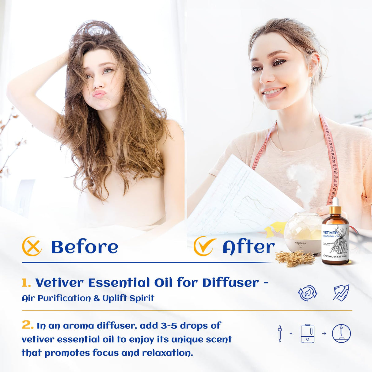 HIQILI 100ML Vetiver Essential Oil, 100% Pure Natural for Diffuser Calm and Relation- 3.38 Fl Oz