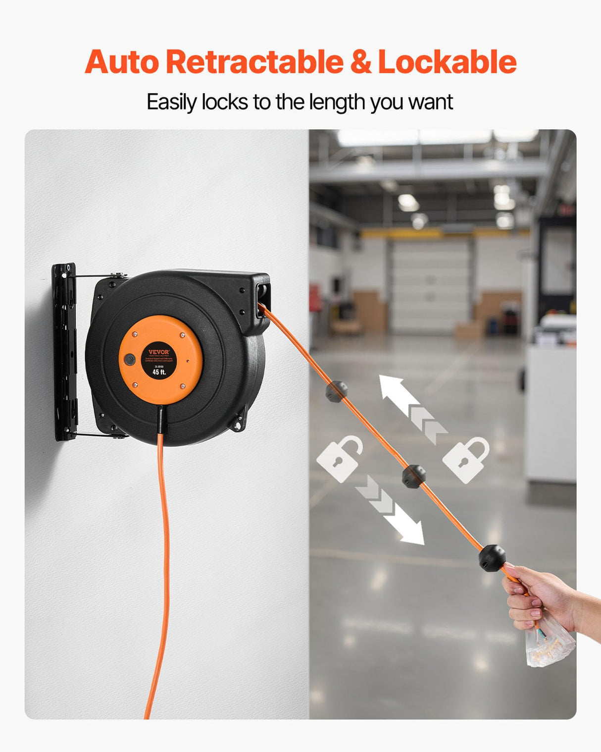 VEVOR Retractable Extension Cord Reel, 45 FT, Heavy Duty 12AWG/3C SJTOW Power Cord, with Lighted Triple Tap Outlet, 15 Amp Circuit Breaker, 180° Swivel Bracket for Ceiling or Wall Mount