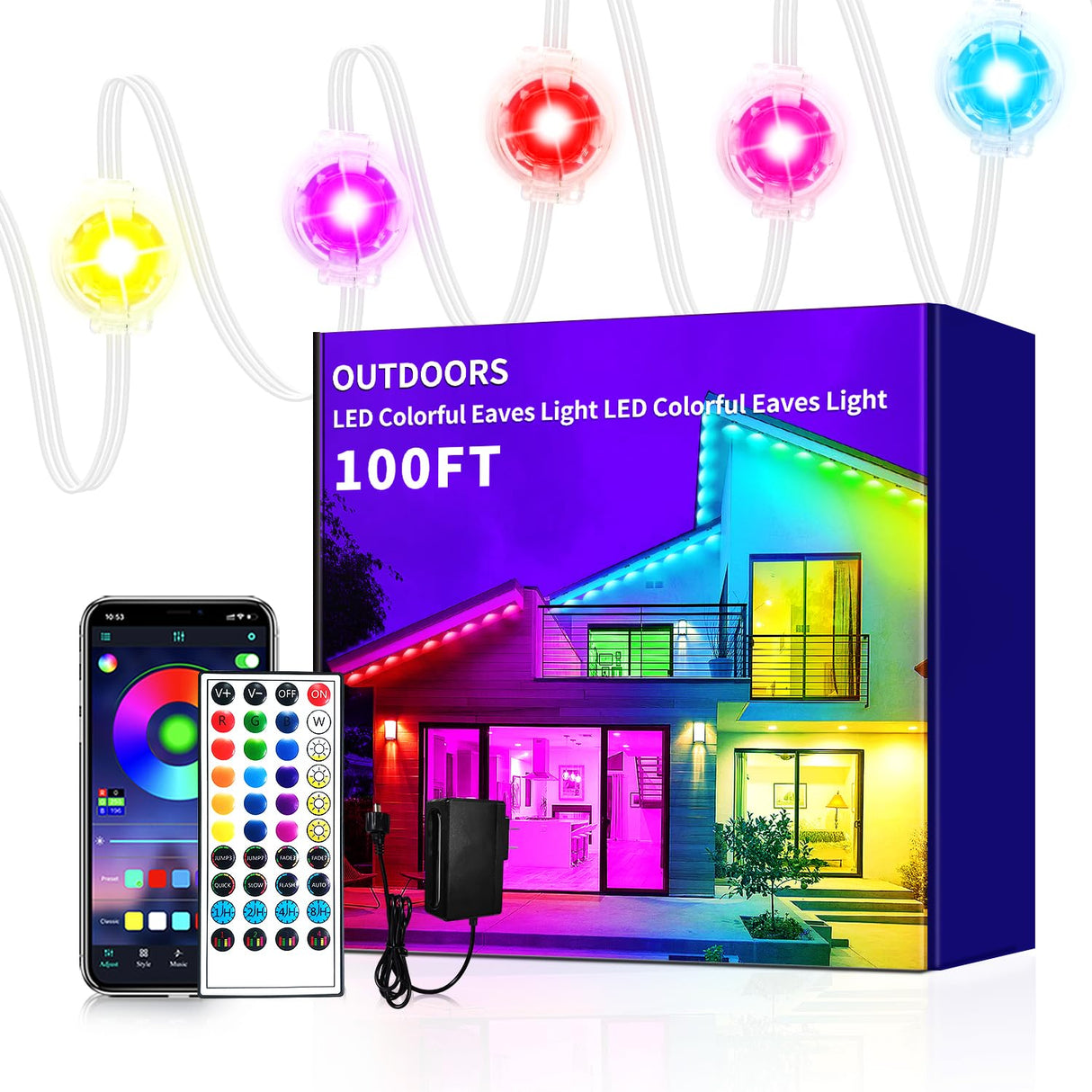 Yocrostar Permanent Outdoor Light,100ft RGB Eave Lights with App Control Remote,IP67 Waterproof LED Lights,Music Sync Outside Light for Christmas,Halloween,Garden,House Decorations