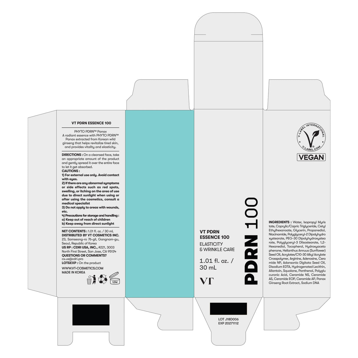 VT COSMETICS PDRN 100 Essence, Intensive Glow Serum, 100,000ppm Vegan PDRN, Skin Restoration & Plumping, Hydrating & Moisturizing, Firming, Fine Lines, Korean Skincare 1.01 fl. Oz.