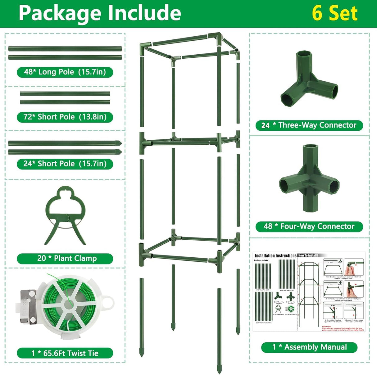 6 Pack 49" Square Tomato Cages, Heavy Duty Steel Tomato Trellis Kit