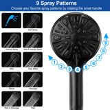 Tudoccy Shower Head, 8‘’ High Pressure Rainfall Shower Head/Handheld Shower Combo with 11'' Extension Arm, 9 Settings Anti-leak Shower Head with Holder, Height/Angle Adjustable, Matte Black