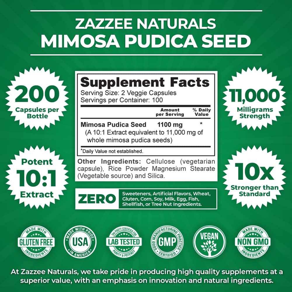 Zazzee Mimosa Pudica Seed 10:1 Extract, 200 Vegan Capsules, 1100 mg, 3+ Month Supply, Potent 10:1 Extract, Non-GMO and All-Natural