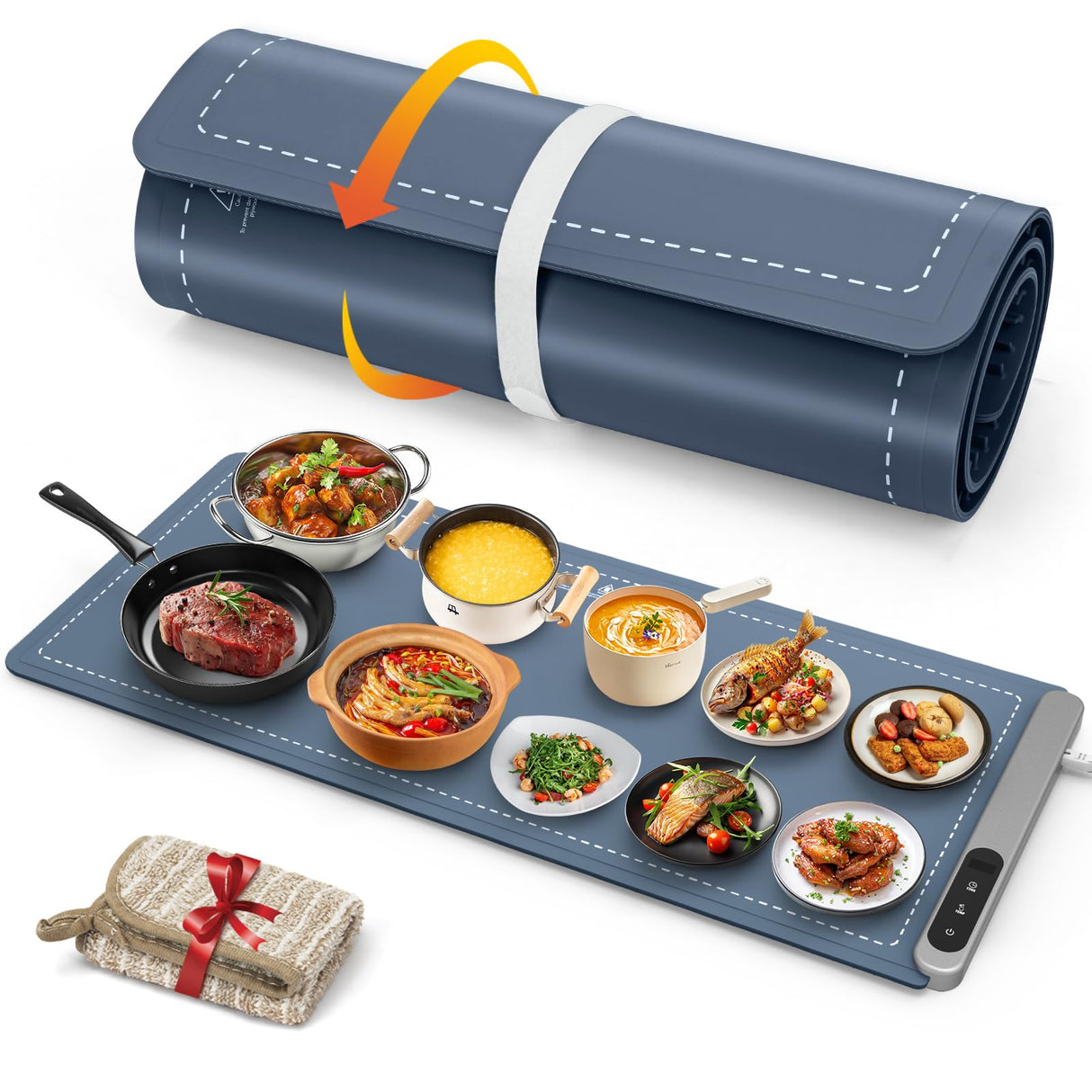 FYY Extra Large Warming Mat for Food - Rapid and Full Surface Heating, 6 Temp Settings, 6H Timer, Rollable Portable Food Warming Mat for Gatherings, Parties, Keep Meal Warm (XX Large Size, Navy)