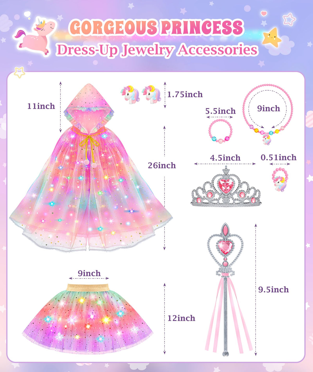 Princess Dress Up for Girls, Unicorn Light up Princess Cape Princess Dress