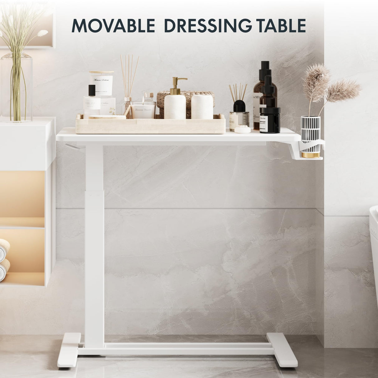 FLEXISPOT H7 Adjustable Overbed Bedside Table with Wheels Pneumatic Mobile Standing Laptop Desk Rolling Computer Cart Movable Overbed Table Hospital Home Use (31.5" W x 17.7" D, White Large)